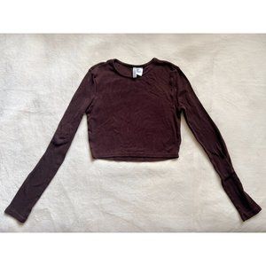 H&M Ribbed Long Sleeve Crop Top in Dark Brown | Size S
